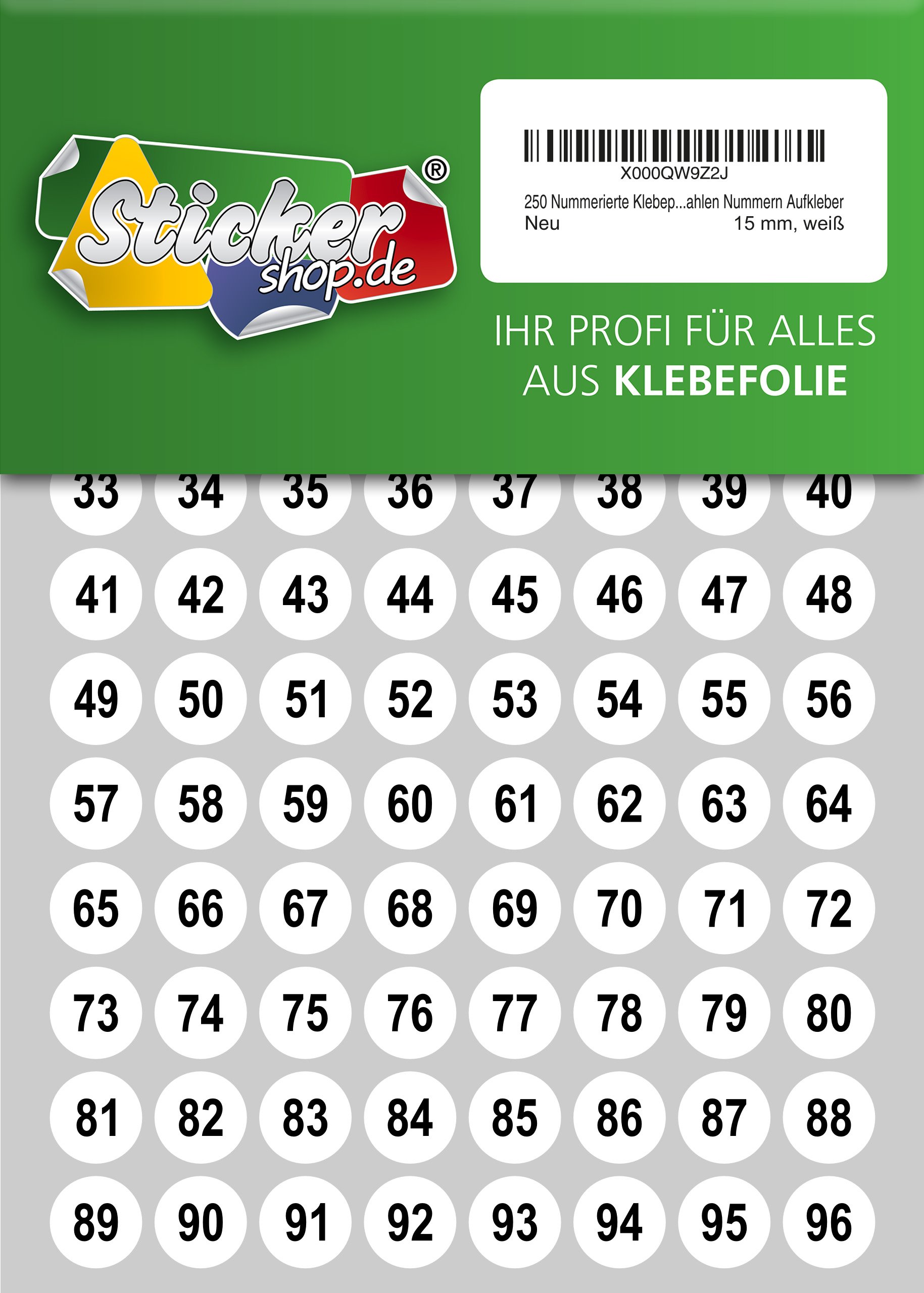 250 numbered adhesive dots, 15 mm, white, made of PVC film, weatherproof, marking dots, circles, dots, numbers, stickers