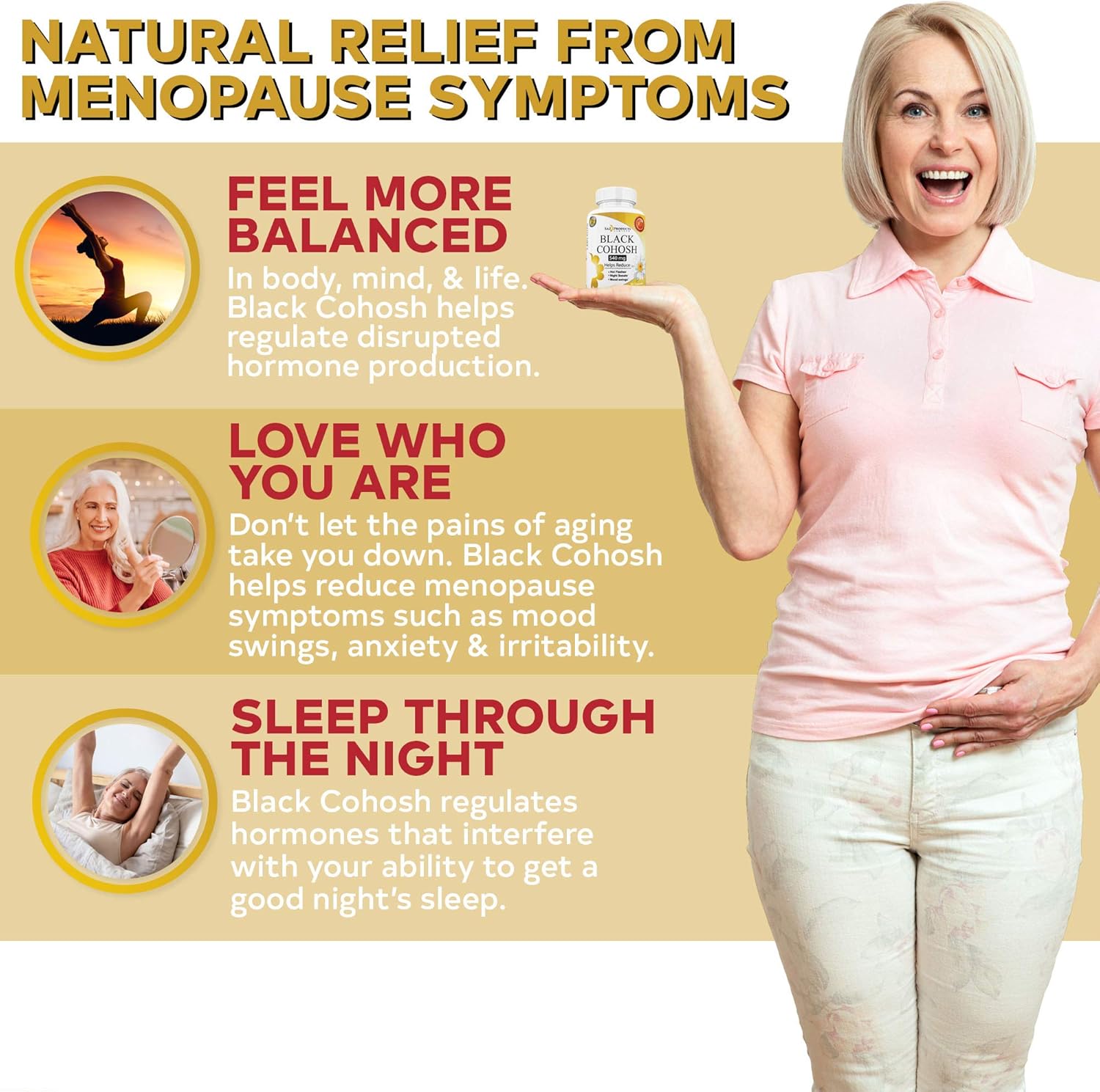 Whole Root Black Cohosh Menopause Complex - Relieves Hot Flashes Night Sweats Mood Swings Sleeplessness – 100% Pure Natural Herbal Supplement for Hormone Balance – 540mg Estrogen Free – 90 Days Supply: Health & Personal Care