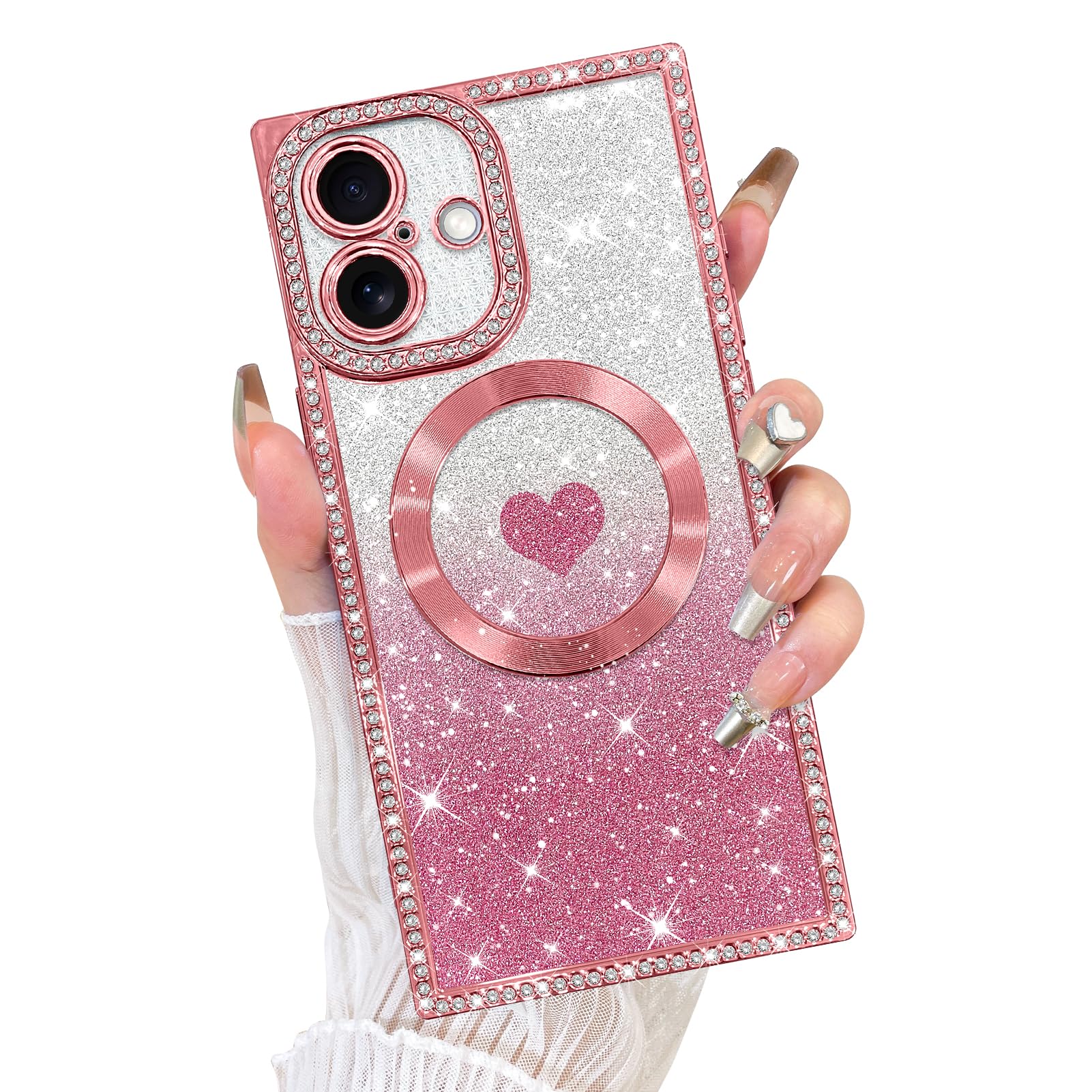 Fiyart Designed for iPhone 16 Case,Compatible with MagSafe Love Hearts Plating Soft Slim TPU Sparkle Rhinestone Glitter Shockproof Phone Bumper for Women Girls 6.1"-Pink