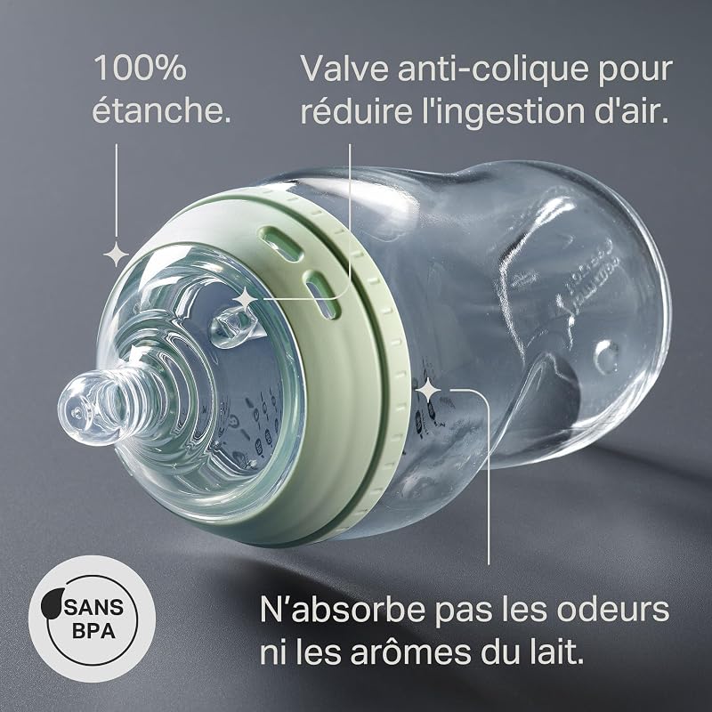 Coffret Cadeau nouveau- né Verre Natural Start, Biberons 150 ml et 250 ml avec tétine à débit lent et extra-lent comprise, et 2x sucettes Ultimate Fit 0-6 mois, Auto-stérilisan