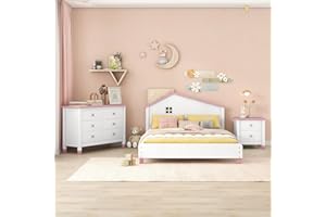 CITYLIGHT 3 Pieces Full Bedroom Sets, Full Size House Platform Bed with Headboard, 6 Drawer Dresser and One Nightstand, Storage Bedroom Furniture Sets (White + Pink)