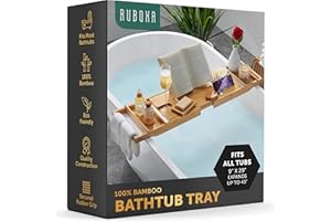 RUBOXA Luxurious Bamboo Bathtub Tray for Tub - Expandable Bath Tray for Bathtub Accessories, Seats One or Two People - Durable Bathtub Caddy Holds Tablet/Book, Phone, Wineglass