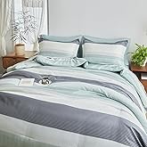 Flysheep Ombre Striped Bed in a Bag 7 Pieces King Size, Grey Green White Stripes Comforter Sheet Set (1 Comforter, 1 Flat Sheet, 1 Fitted Sheet, 2 Pillow Shams, 2 Pillowcases)