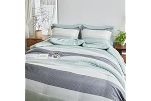 FlySheep Ombre Striped Bed in a Bag 6 Pieces Twin Size for Kids, Grey Green White Stripes Comforter Sheet Set (1 Comforter, 1