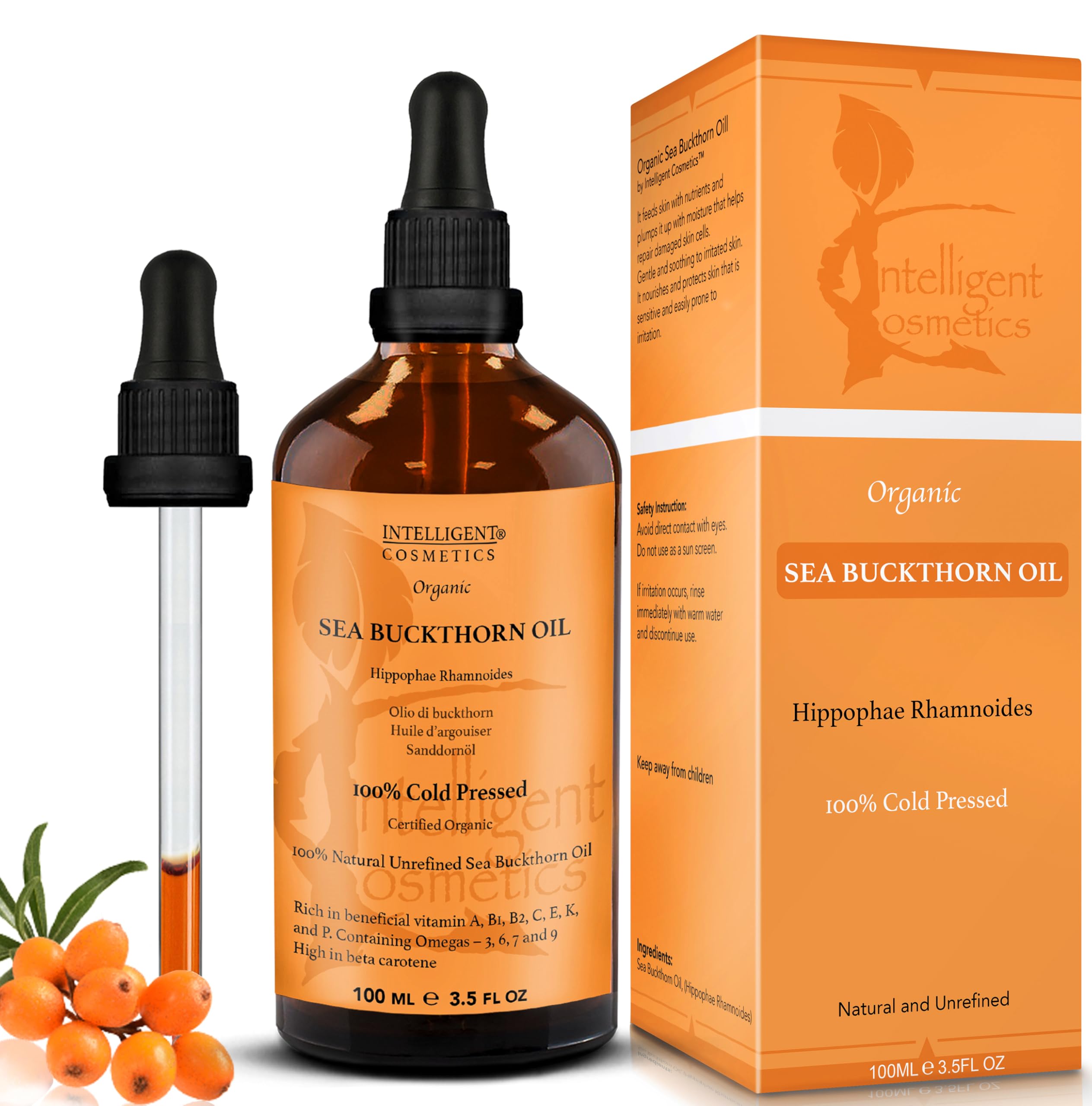 SEA Buckthorn Oil 100ML, 100% Cold Pressed Organic, Unrefined, Pure & Natural, Repairs Damaged Skin, Calms Irritated Skin, Heals Rosacea Supplied in Glass Amber Bottle with Pipette