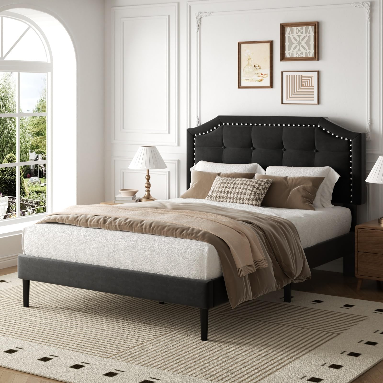 Photo 1 of ** DAMAGE MINOR DIRTY/ USED ** HAOARA Full Size Bed Frame, Full Size Platform Bed Frame with Upholstered Button Tufted Headboard, Strong Wood Slats, No Box Spring Needed, Mattress Foundation, Easy Assembly Black