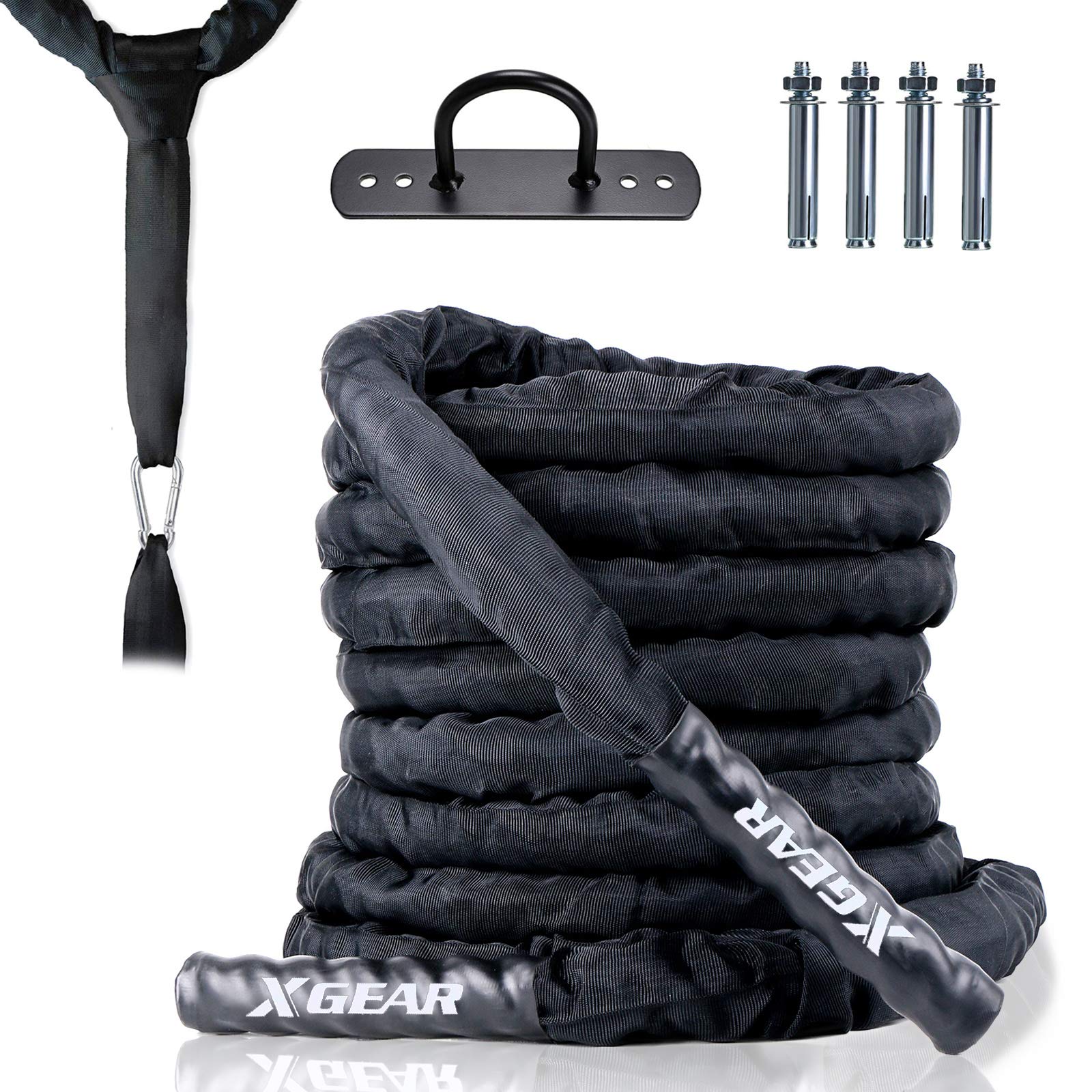 XGEAR Heavy Battle Rope, Workout Rope with Upgraded Polyester Cover, Anchor Strap, Wall Mount Kit,Undulation Ropes for Home Gym Outdoor Strength Training, Cardio Workout