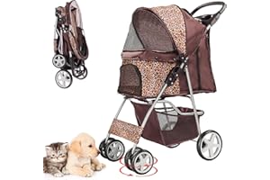 LPOTIUS Pet Stroller for Small Dogs and CatsQuick-Folding Portable Travel Cat Dog Stroller with Storage Basket and Cup Holder, 4 Wheels, Leopard