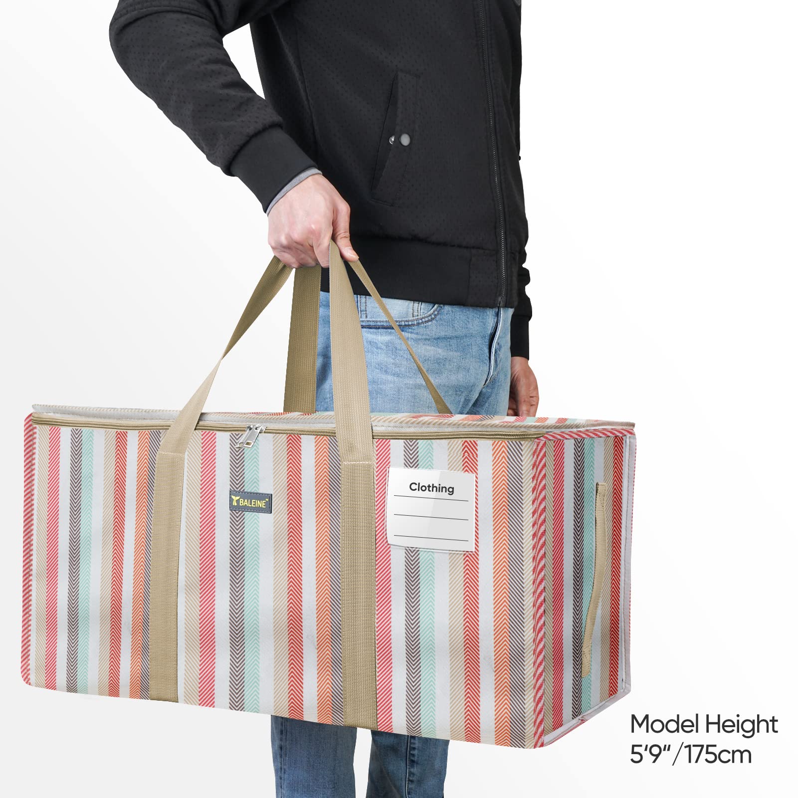 BALEINE Extra Large Storage Tote with Zippers & Carrying Handles, Heavy-Duty Oxford Fabric Moving Bags for Laundry, Space Saving, Storage, Color Stripe