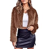 Danedvi Women's Fashion Cropped Faux Fur Jacket Long Sleeve Open Front Cardigan Casual Fluffy Parka Shaggy Short Coat