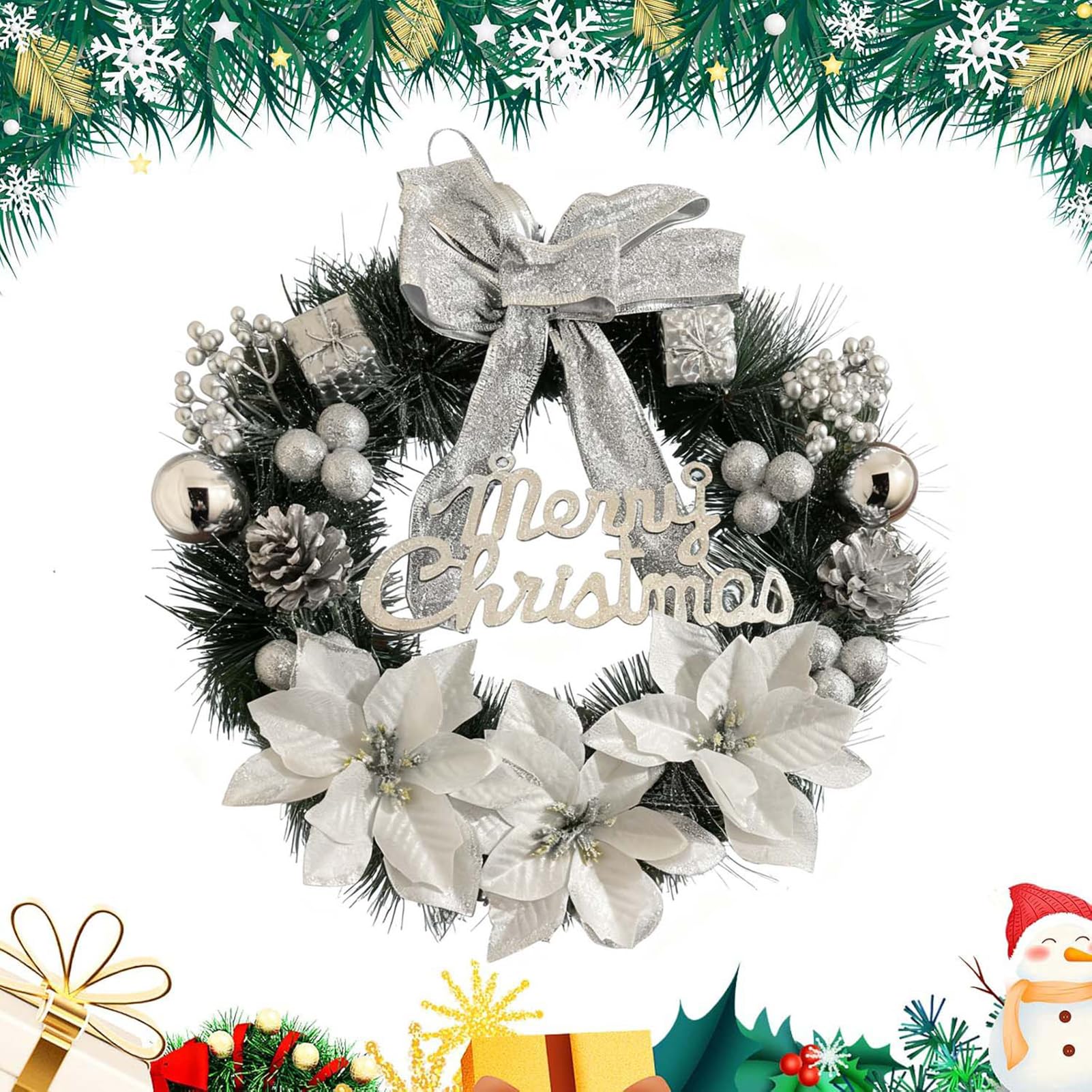 Warmiehomy Christmas Wreath 30cm Artificial Front Door Wreath Hanging Garland with Flowers and Bowknot, Christmas New Year Decoration Gift, Silver