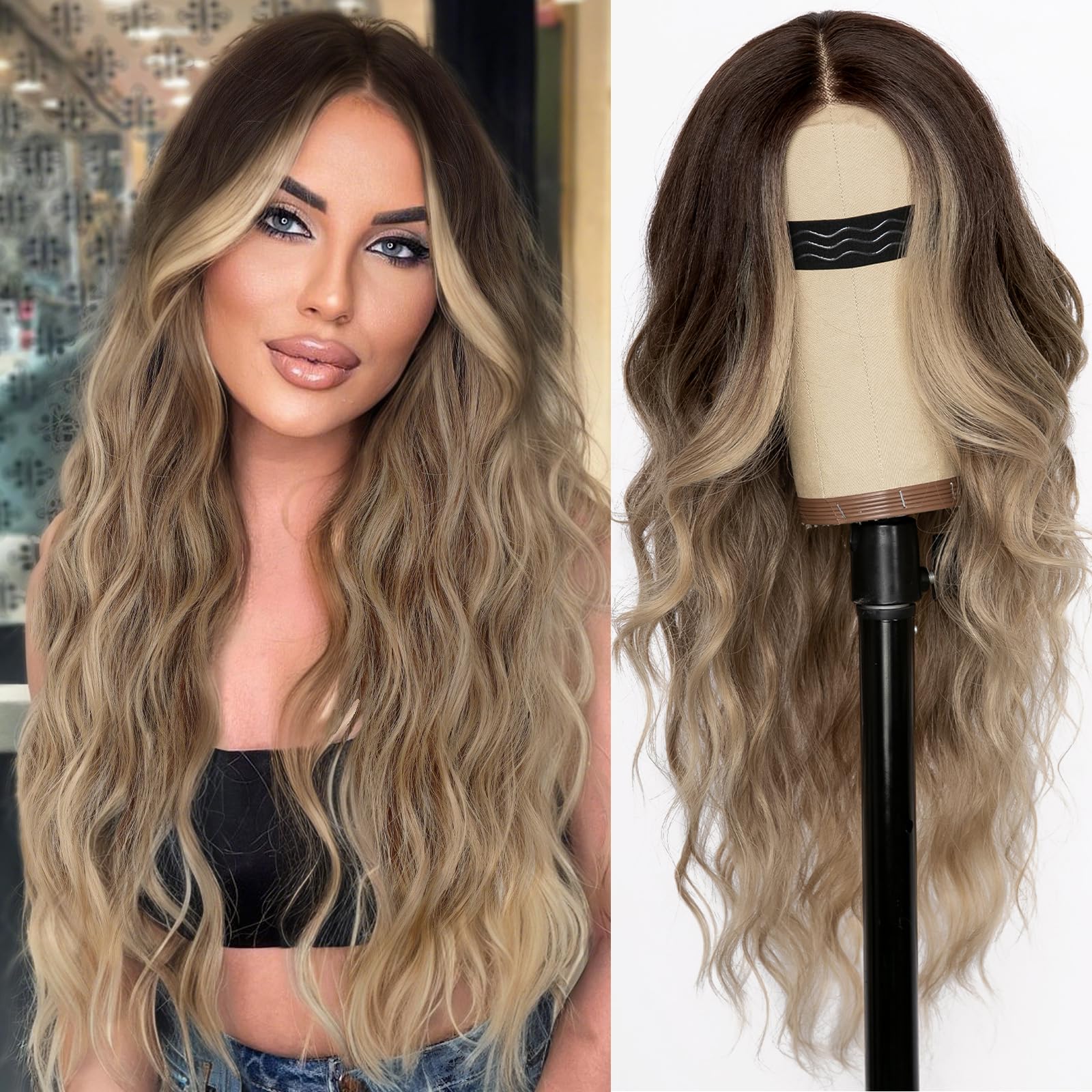 Photo 1 of AISI HAIR Ombre Dirty Blonde Wig for Women, Long Wavy Lace Hairline Middle Part Synthetic Wig for Daily Party-26 Inch