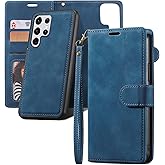 QLTYPRI Case for Samsung Galaxy S24 Ultra, 2 in 1 Detachable Wallet Case PU Leather with Card Slots KickstandWrist StrapMagnetic Closure Shockproof Flip Cover for Samsung S24 Ultra - Blue