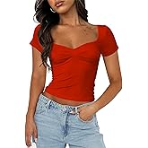 Cioatin Women Cute Sweetheart Neck Short Sleeve Crop Tops Ruched Summer Going Out T Shirt Y2K Clothes Tee Teens