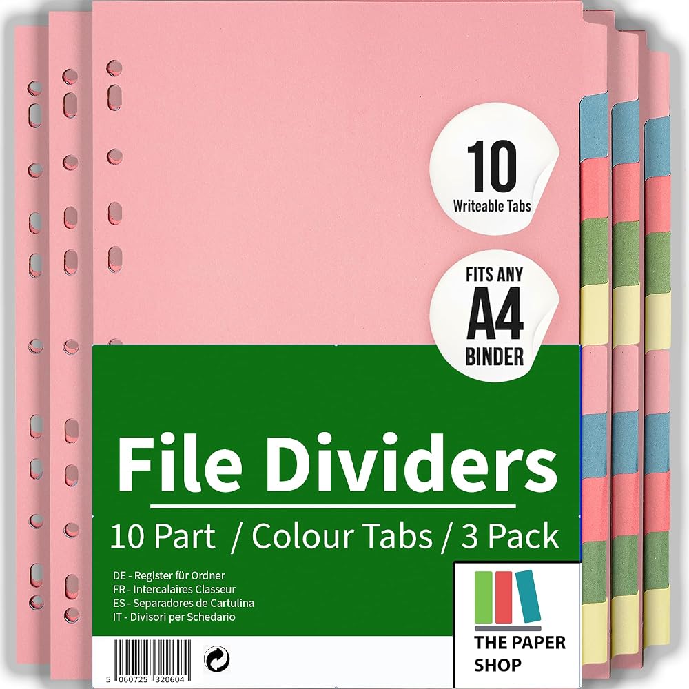 The Paper Shop File Dividers A4 10 Part 3 Pack Binder & Lever Arch