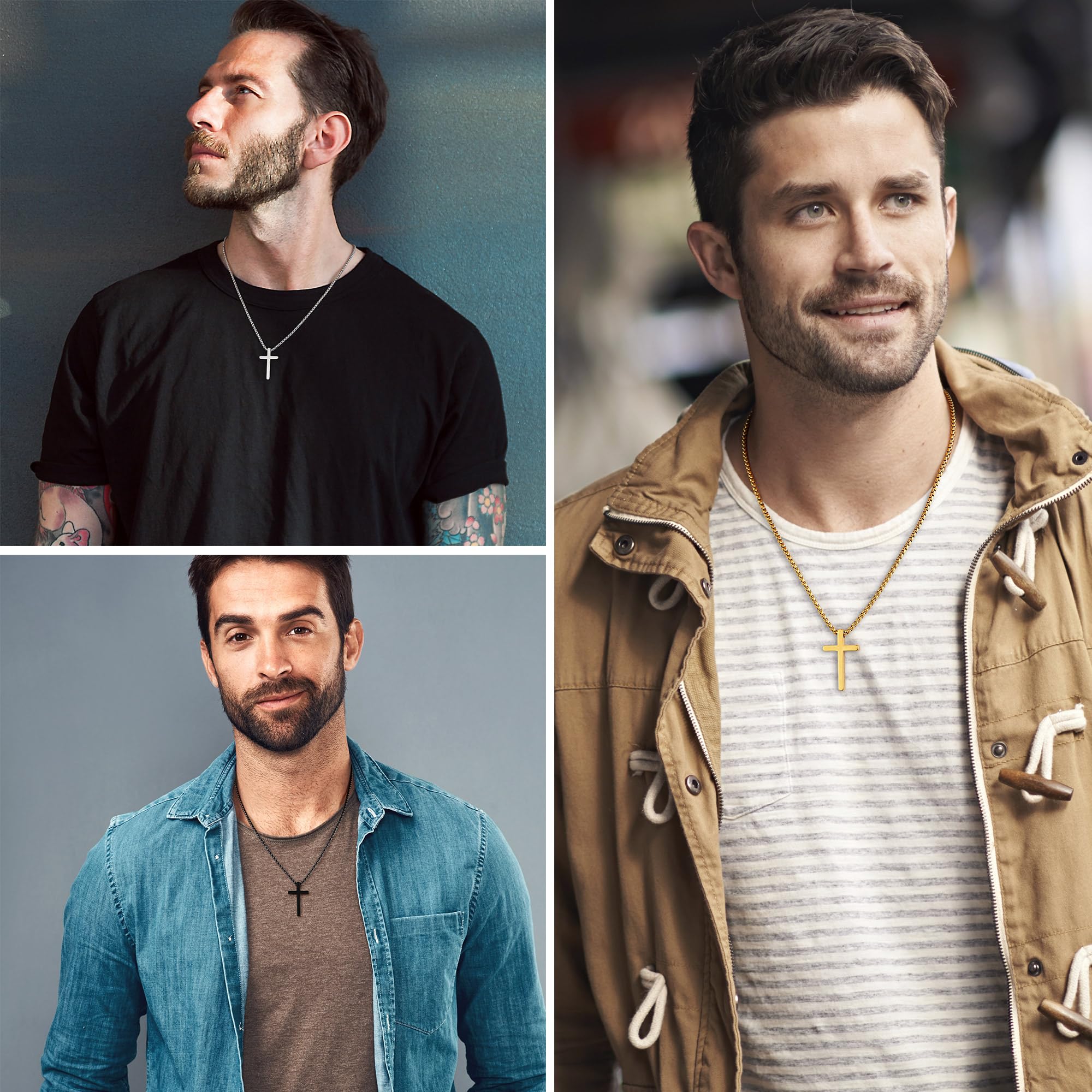 Yooblue 2/3 Pcs Cross Necklace for Men, Silver Black Gold Cross Chain Necklace, Stainless Steel Cross Pendant Jewelry Gifts for Men 16-30 Inches