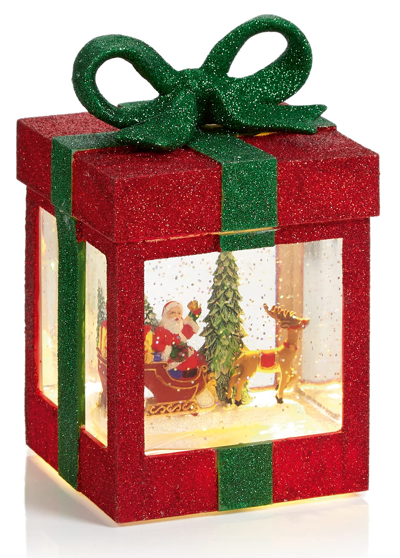 Premier Quality Festive Christmas Red & Green Glitter Metal Gift with Santa Reindeer & Sleigh LED Water Spinner with Glitter Snow, 18cm x 11cm x 11cm (201278)