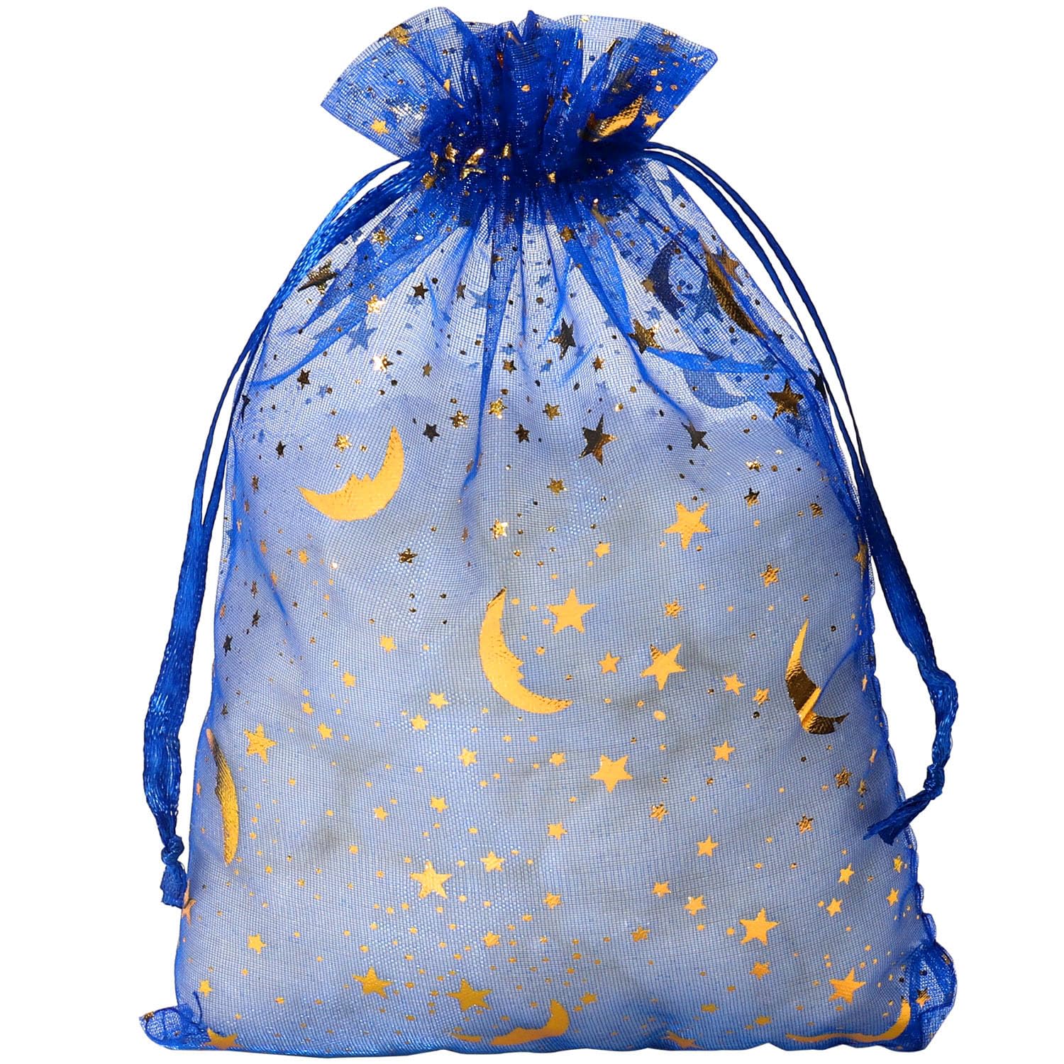 SUNGULF 100Pcs Sheer Organza Drawstring Pouches Stars and Moon Wedding Party Favor Jewelry Candy Gift Bags (5x7 inch, Blue)