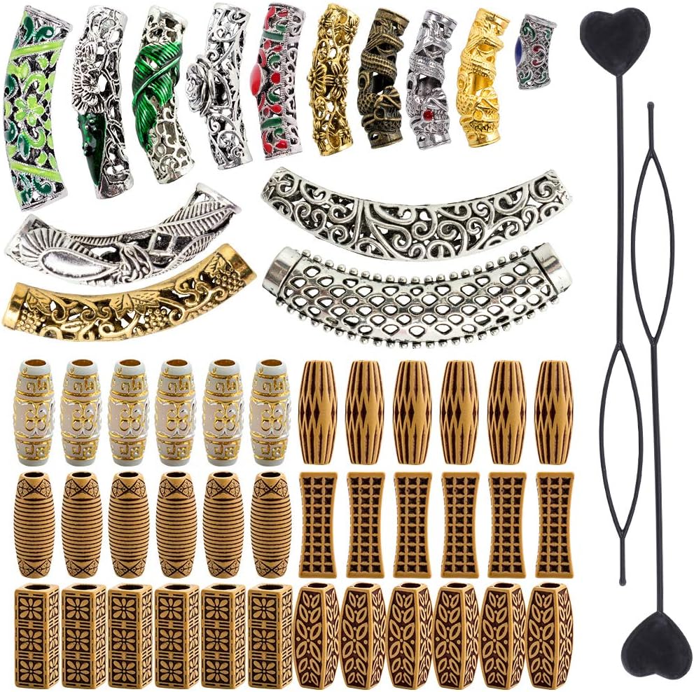 fani 50 Pieces Hair Tube Beads Dreadlocks Beads Hair Tube Beads Dreadlocks + Barrel Beads Jewelry Hair Decoration Accessories, 20 Styles, DIY Tibetan Silver