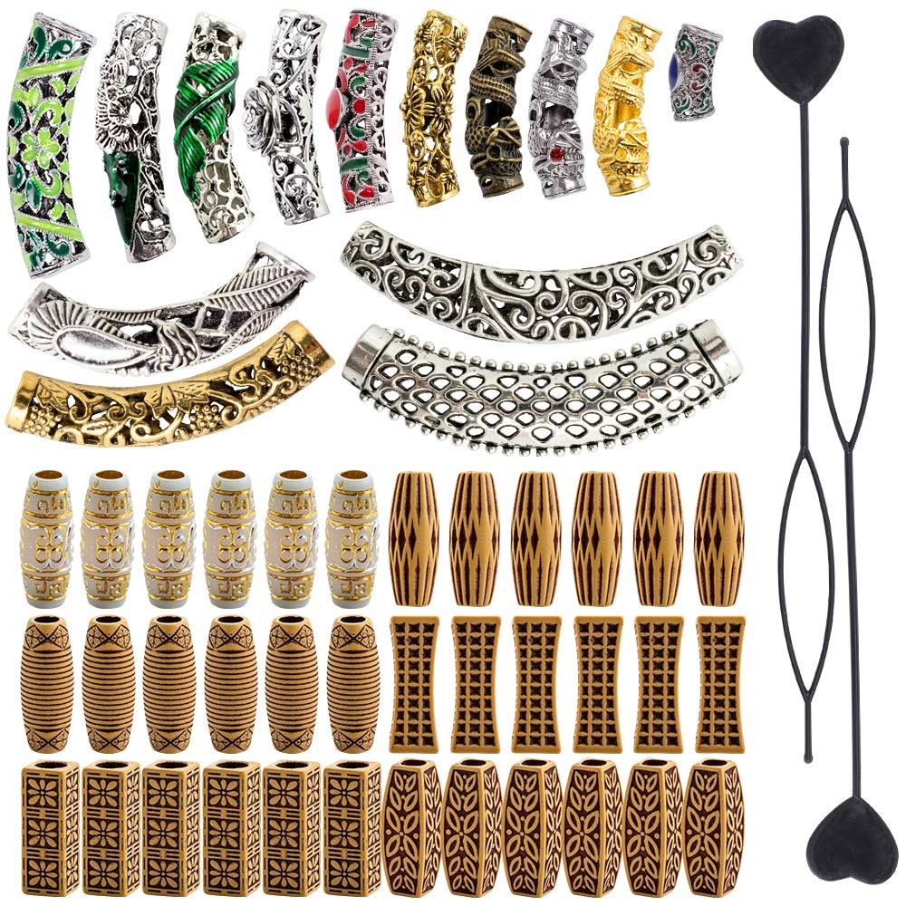 fani 50 Pieces Hair Tube Beads Dreadlocks Beads Hair Tube Beads Dreadlocks + Barrel Beads Jewelry Hair Decoration Accessories, 20 Styles, DIY Tibetan Silver