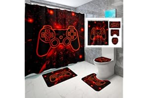 JIOSPET 4 Pcs Game Shower Curtain Set for Boys - Gamer Controller Bathroom Sets Boys, Gamepad Shower Sets with Curtain and Rugs Gaming Bathroom Decor with 12 Hooks, 70" x 70"