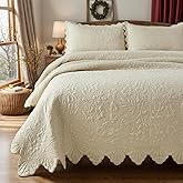 Brandream Beige Quilts Queen King Size Cotton Farmhouse Matelasse Coverlet Scalloped Edge Bedspreads Luxury Quilt Bedding Set 3-Piece 98x106