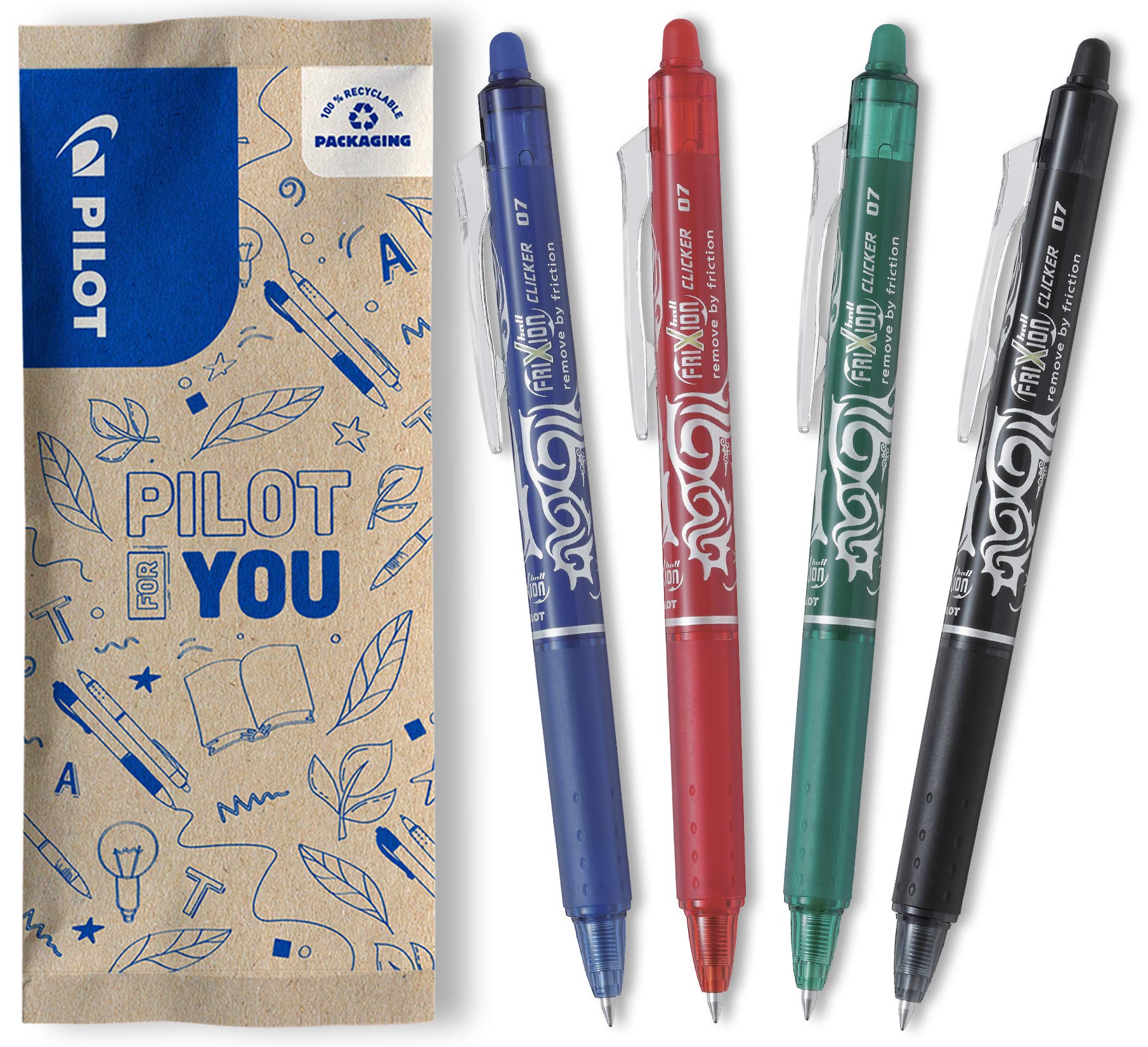 PILOT - FriXion Ball Clicker Erasable Pen - 0.7mm Tip Rollerball - 4 x Assorted Colour Pens - Black, Blue, Red, Green
