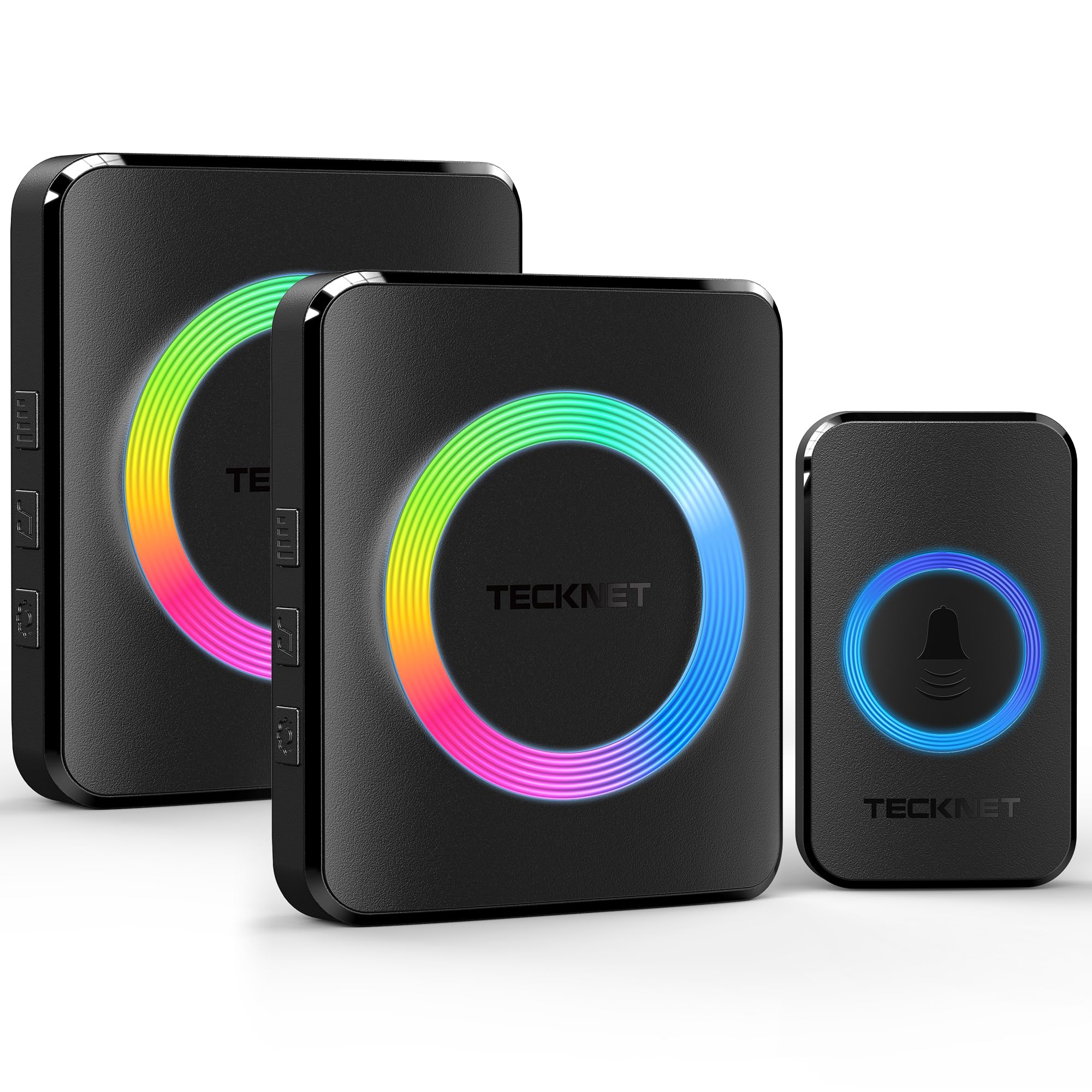 TECKNET Wireless Doorbell with 2 Receivers, 1300ft Long Range IP65 Waterproof Door Bells Wireless Cordless, 120dB Loud Plug-in DoorBell with 5 Volume Levels, 60 Chimes & RGB Light (Black)