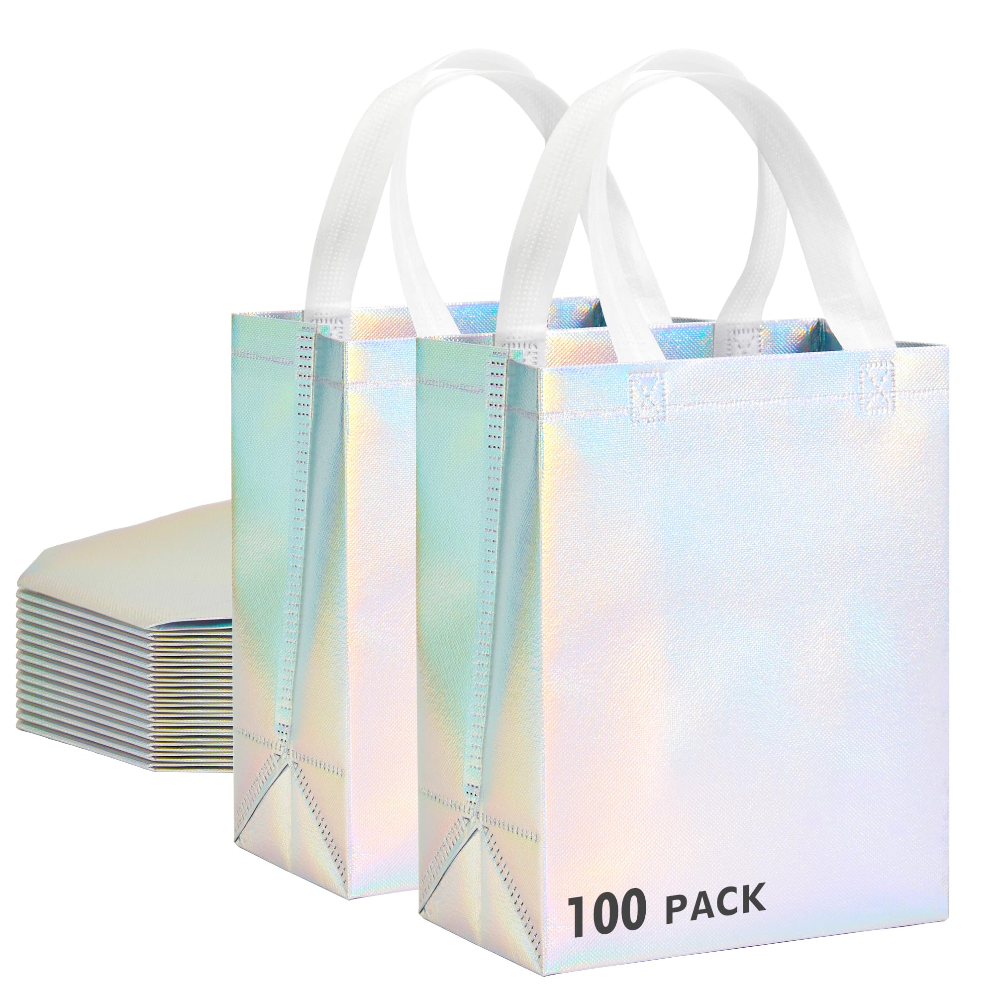 Photo 1 of 100 Pcs Iridescent Glossy Gift Bags Medium Size, 8x4x10 In Holographic Reusable Gift Bags with Handles & Sturdy Base, Ideal for Birthday, Wedding, Bachelorette, Party Favors, Holiday Goodie Bag