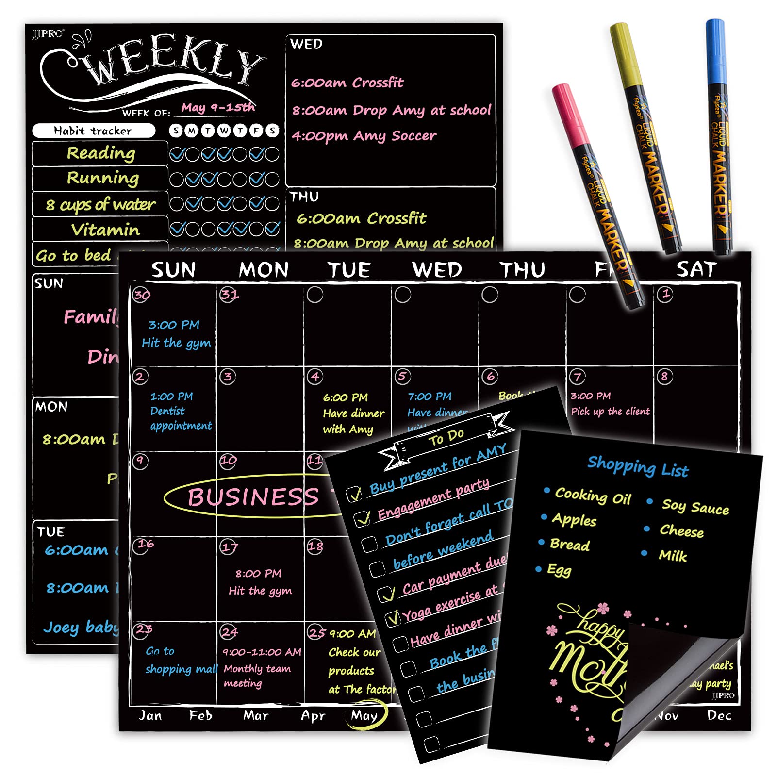Photo 1 of Magnetic Chalkboard Monthly Calendar - Weekly Planner Blackboard Combo Set w/Neon Bright Liquid Chalk Markers - Bonus Grocery List and Notepad Blackboard for Refrigerator Included