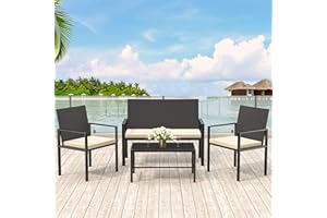 Bigzzia Patio Furniture Set, 4 Pcs Outdoor Conversation Furniture, Includes 2 Rattan Chairs and 1 Loveseat, 1 Tempered Glass Table, with Extra Cushions, Garden Furniture Set for Small Spaces