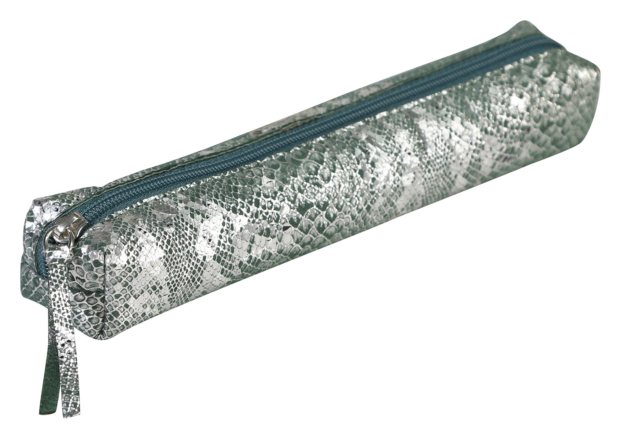 Clairefontaine 410097C - One Small Slim Céleste Pencil Case - Dimensions: 19.5x2.5x4cm in Genuine Lambskin - Green and Silver Snake Leather Colour - Durable