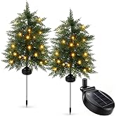 Woanger 2 Pack Outdoor Cedar Topiary Solar Xmas Tree Stake Lights, 29 in | Lifelike Cedar, Warm LEDs, Waterproof Design, Solar Auto on off, Yard Garden Decor, Walkway Accents, Porch Patio Display