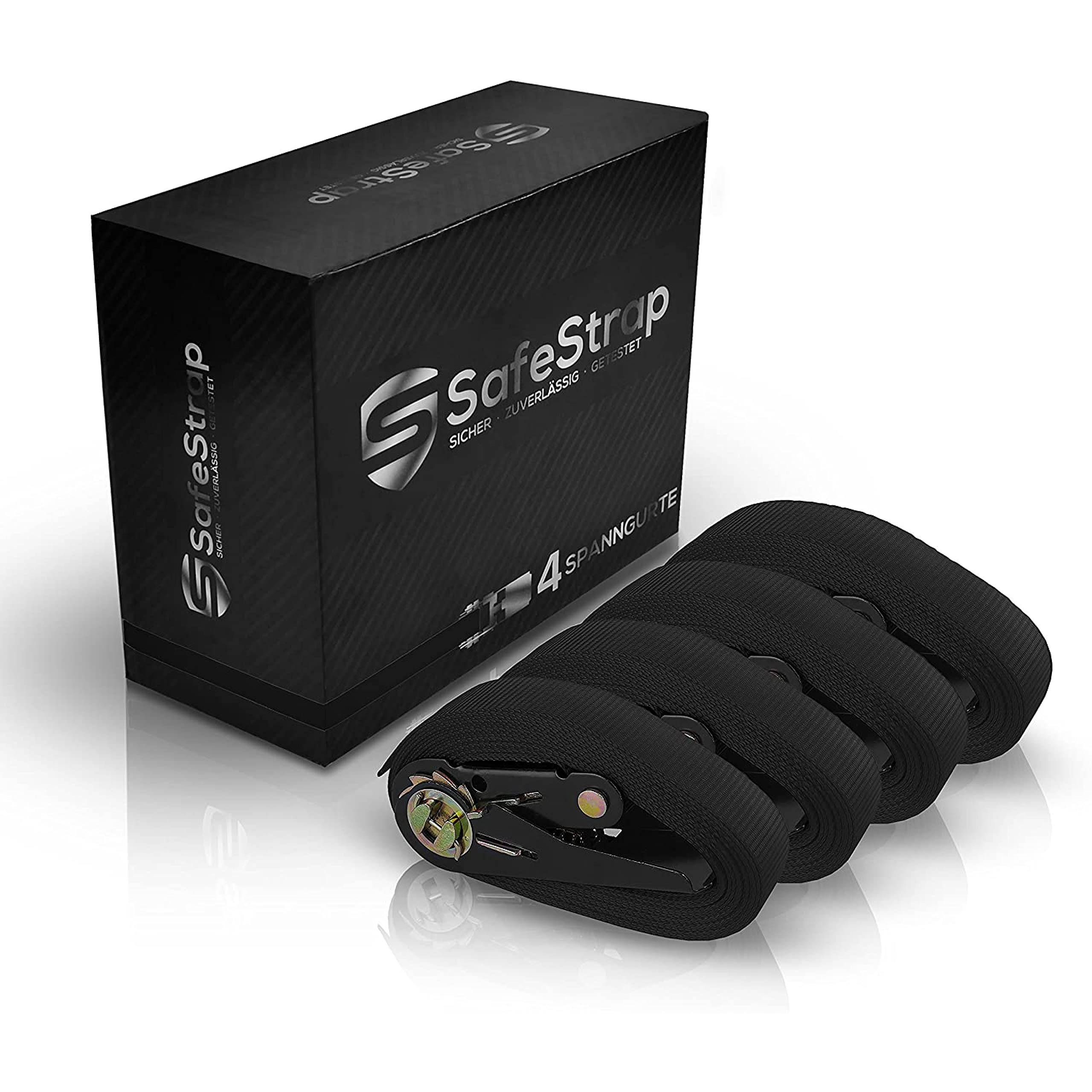 SafeStrap Extremely Robust Tie Down Ratchet Straps - 1600kg capacity - 4 Pack 4m - EN 12195-2 Compliant Test Winner - Black