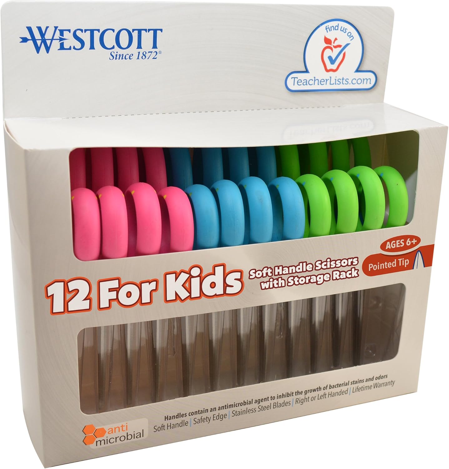 Westcott Soft Handle Kids Scissors with Anti-microbial Protection, Assorted Colors, 5-Inch Pointed, 12 Pack (14874)