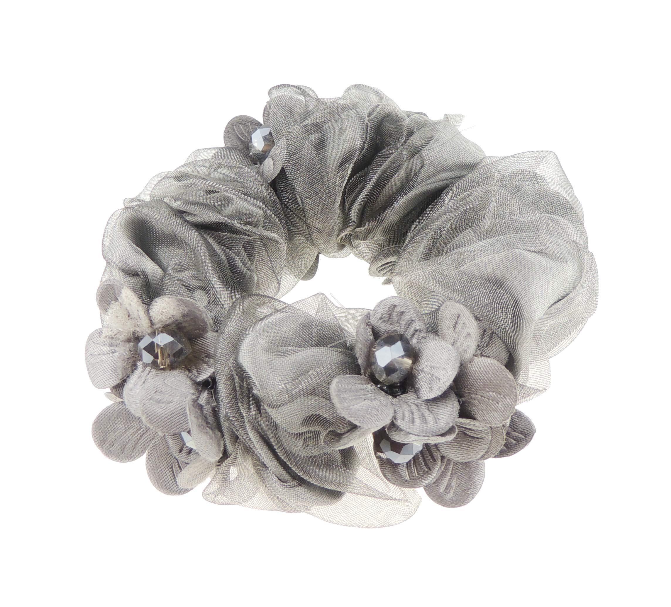 Womens Girls Chiffon Beaded Floral Fabric Scrunchie Christmas Birthday Bridal Wedding Party Ponio Hair Tie Up Back Elastic Accessories Bobbles Ponytail Holder Rubber Bands (Cluster Grey)