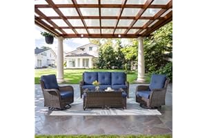 Belord Wicker Outdoor Furniture Patio Furniture Set - 6 Piece Patio Conversation Set with Swivel Rocker Chairs, Rattan Sofa, Ottomans and Coffee Table, Blue Cushion