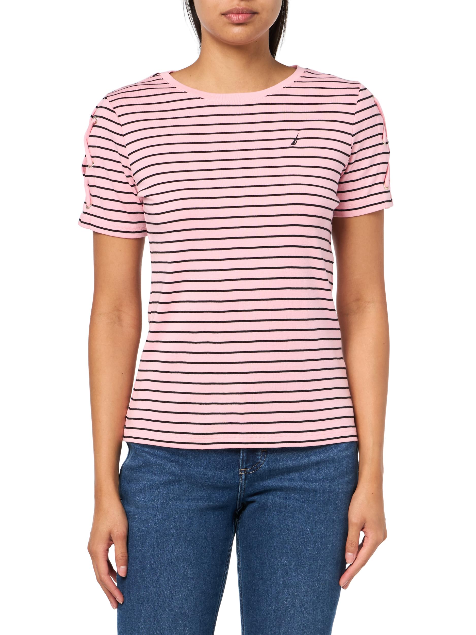 Nautica Women’s T-Shirt Cotton Crewneck with Laceup Sleeve Detail, Taffy Pink/Black