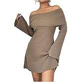 GORGLITTER Women's Off The Shoulder Flowy Sweater Dress Fall Winter Knitted Long Sleeve A Line Party Mini Short Dresses