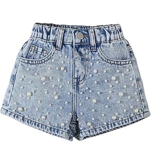 MakeMeChic Toddler Baby Girl's Summer Pearl Beaded Denim Mini Shorts | Baggy, Y2K, Cute Jean Shorts