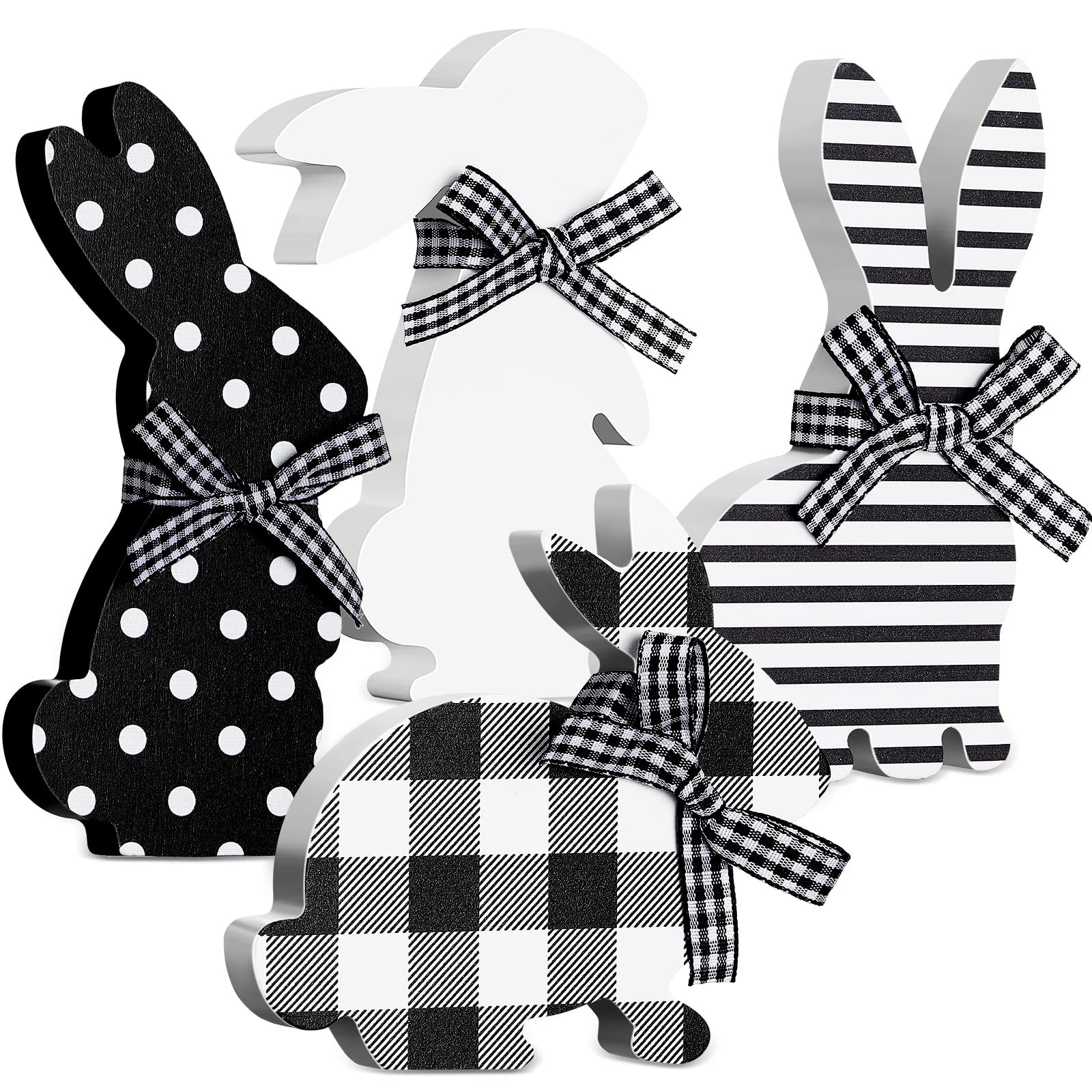 4 Pcs Easter Bunny Table Decor Bunny Table Wooden Signs with Rope Farmhouse Spring Rabbit Decoration Tiered Tray Decor for Easter R Party Home Shelf Mantel(Striped)