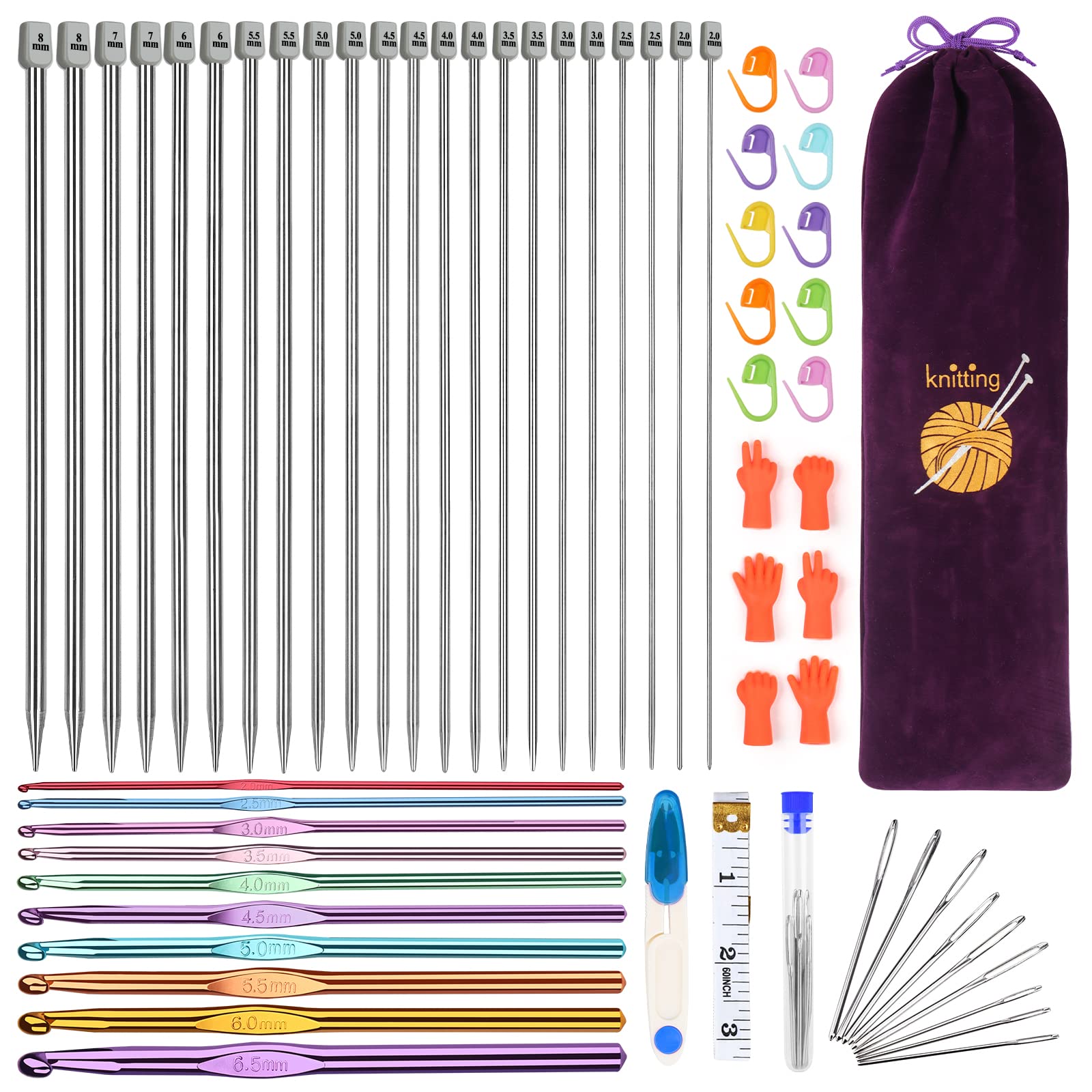 Aeelike Knitting Needles and Crochet Hook Set, Crochet and Knitting Kits for Beginners Adults Kids, 60 PCS Crochet Knitting Starter Kit with 25cm Knitting Needles, Crochet Needles Set and Accessories