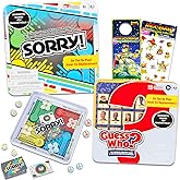 Magnetic Game Travel Set for Kids - Bundle with 2 Travel Games in Tin Featuring Sorry, Guess Who Plus Stickers, More | Hasbro Travel Games for Kids 8-12