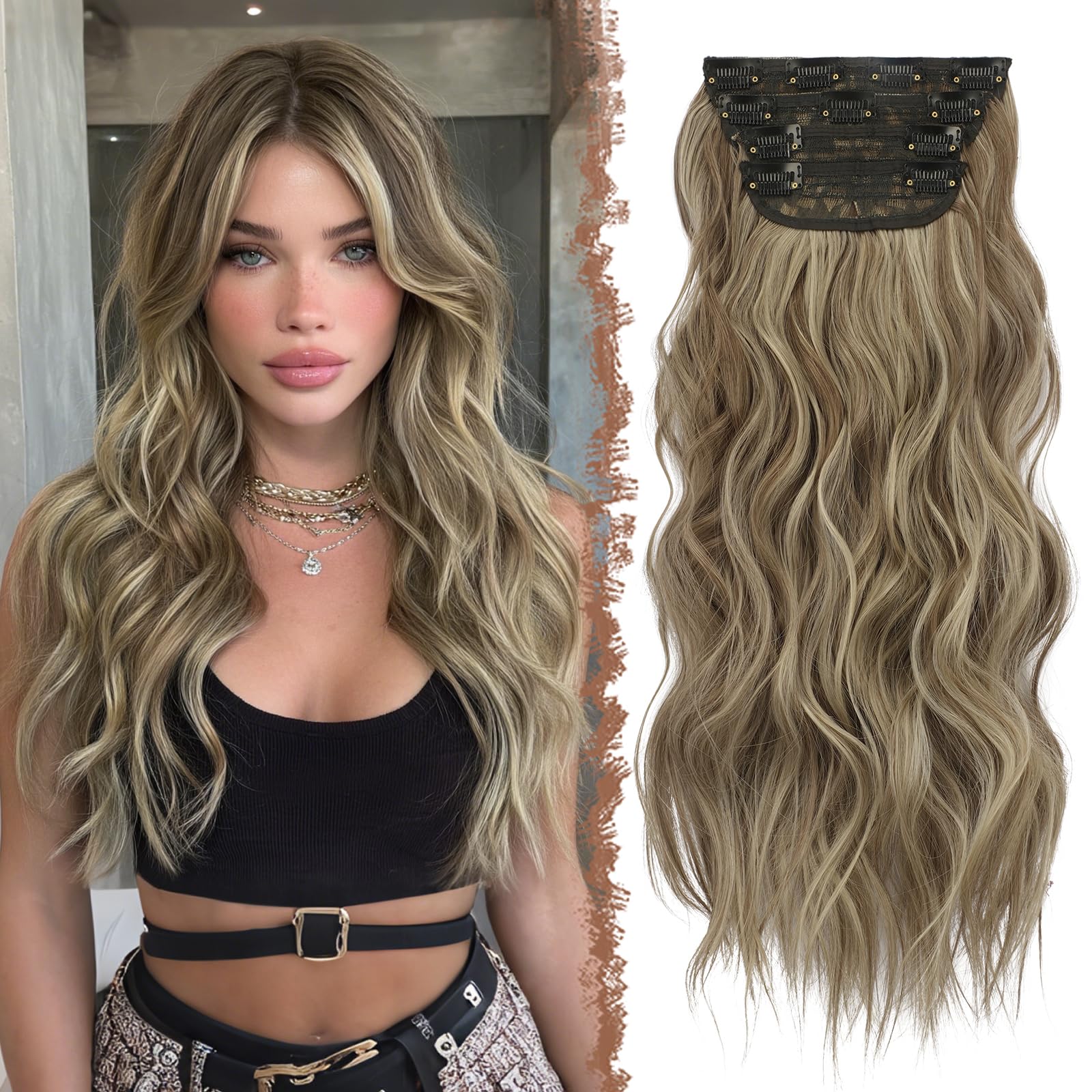 FESHFEN Clip in Hair Extensions 4 PCS Thick Highlight Hairpieces Long Wavy Clip in Hair Piece Full Head Synthetic Hair Extensions for Women, 20 Inches Caramel Brown Mixed Ash Blonde — image 1