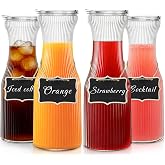 INSETLAN 1 Liter Ribbed Glass Carafe with Lids, Set of 4 Juice Containers | Water Jug for Mimosa Bar, Brunch, Parties, Beverage Serveware, Cold Brew, Coffee, Milk, Iced Tea, with 4 Wooden Chalkboards