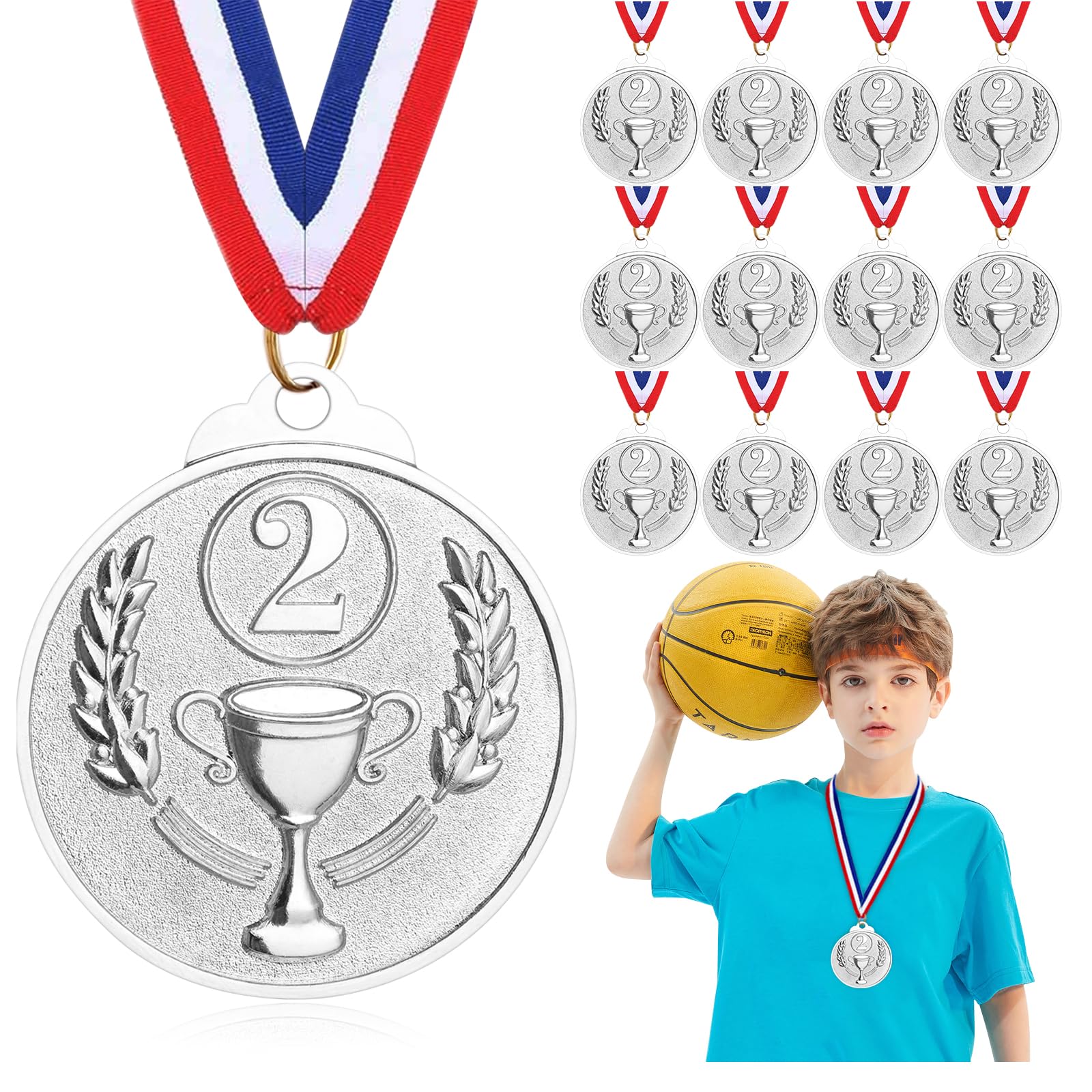 Hianjoo 12-Pack Medals for Teenager,Silver Metal Medal Sports Day for Sports Day Prizes, Gymnastics Competitions, Party Gifts, Adults (Silver)