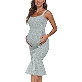 Summer Tank Maternity Dress Sleeveless Strappy Floral Midi Bodycon Square Neck Ruffle Mermaid Smocked Dress for Baby Shower