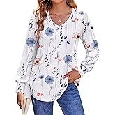 Zeagoo Women's Puff Long Sleeve Shirts Pleated V Neck Fall Tunic Tops Blouse Dressy Casual Summer T-Shirts