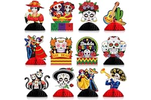Pajean 12 PCS Day of The Dead Table Decorations Honeycomb Centerpieces - Dia De Los Muertos Altar Sugar Skull Decorations for Mexican Day of The Dead Halloween Party Supplies