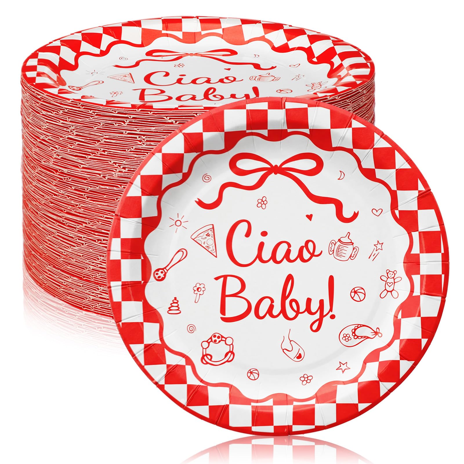 Photo 1 of LemonRoad 100 Pcs Ciao Bambino Baby Shower Decorations Italian Pizza Baby Shower Plates Red Checkered Plates Gender Reveal Newborn Party Mommy Party Supplies(7 Inch)